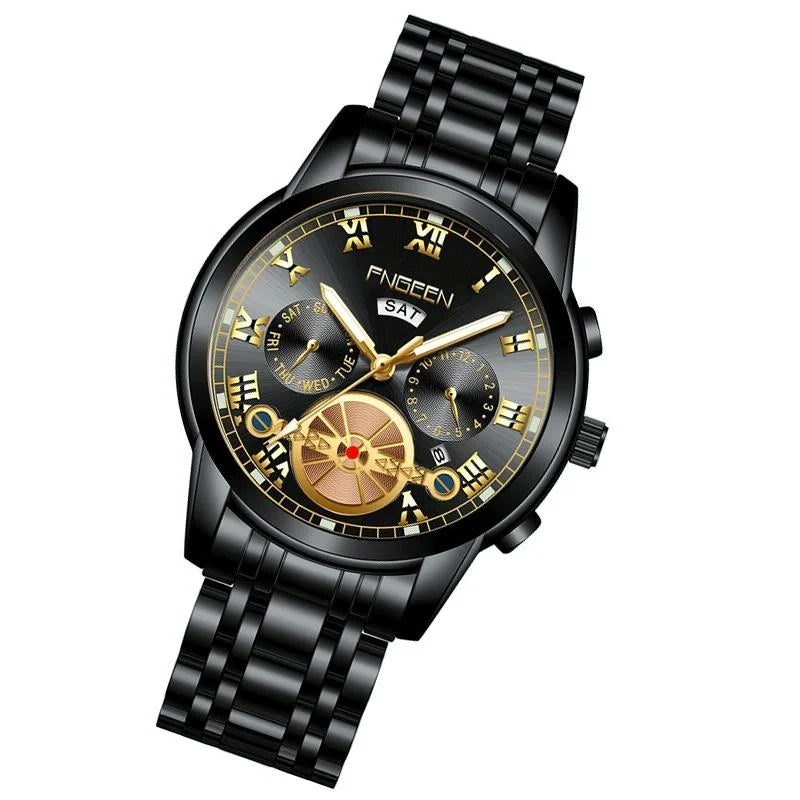 Men Multi-function Quartz Watch - Black Steel with Gold