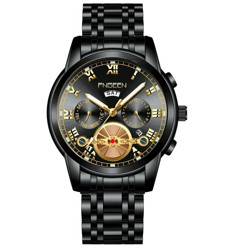 Men Multi-function Quartz Watch - Black Steel with Gold