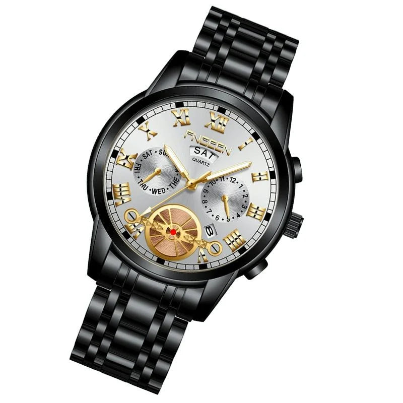 Men Multi-function Quartz Watch - Black Steel with White