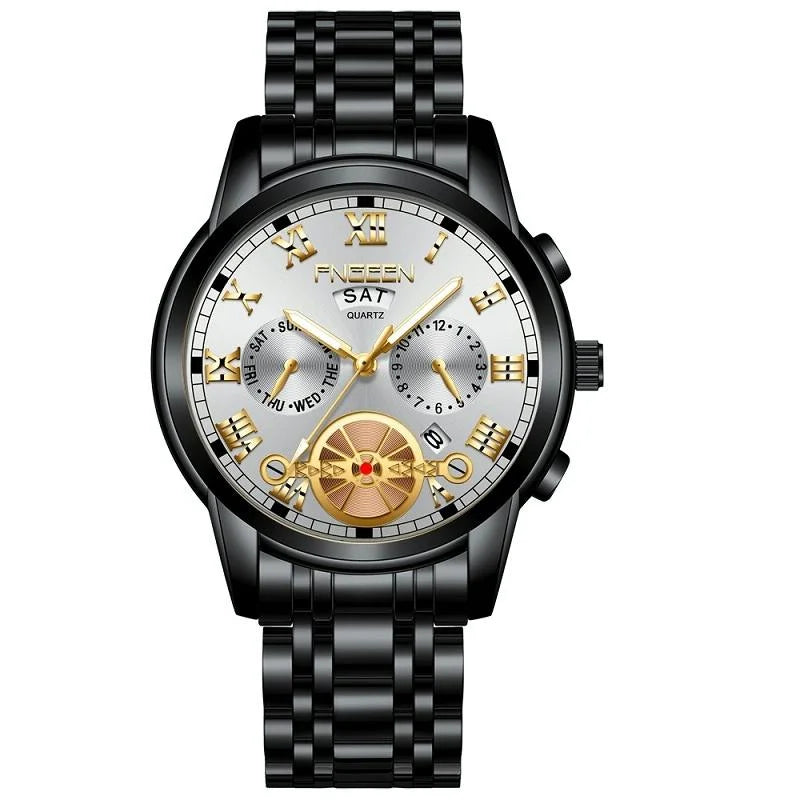 Men Multi-function Quartz Watch - Black Steel with White