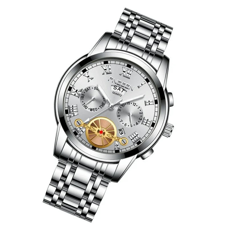 Men Multi-function Quartz Watch - White Steel with White