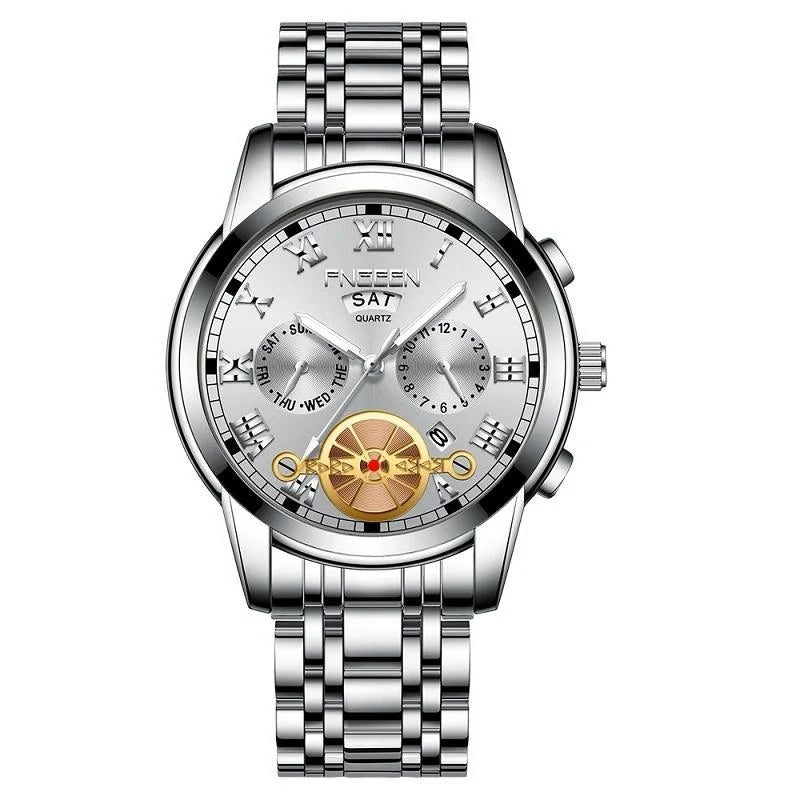 Men Multi-function Quartz Watch - White Steel with White