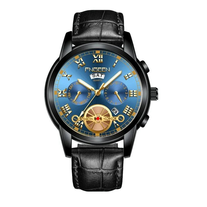 Men Multi-function Quartz Watch with Black Leather Strap