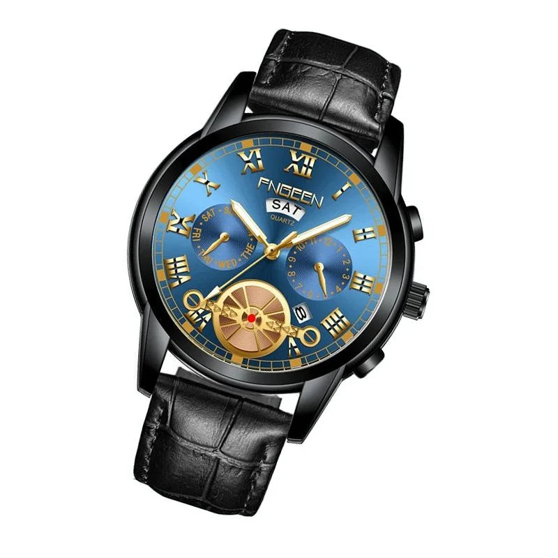 Men Multi-function Quartz Watch with Black Leather Strap