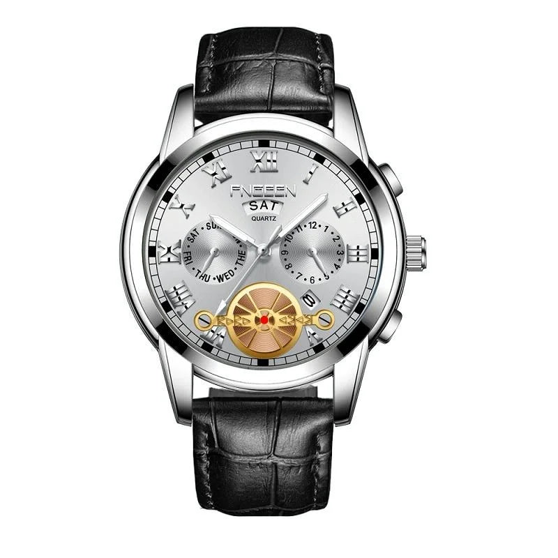 Men Multi-function Quartz Watch with Black Leather Strap