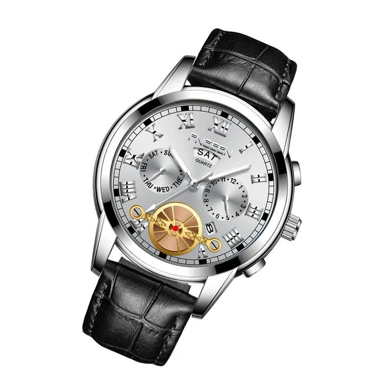 Men Multi-function Quartz Watch with Black Leather Strap