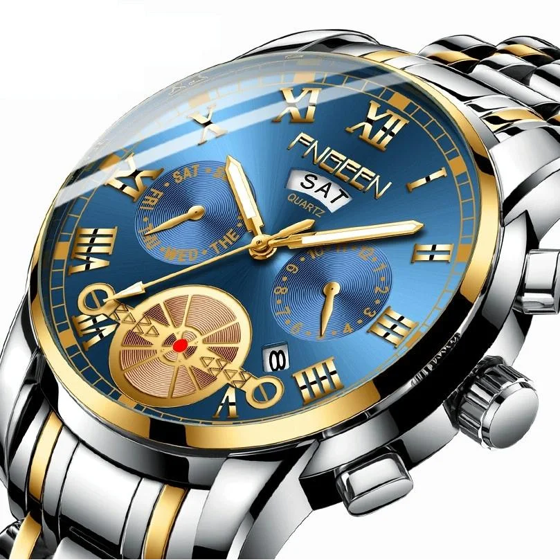 Men Multi-function Quartz Watch with Blue Dial and White