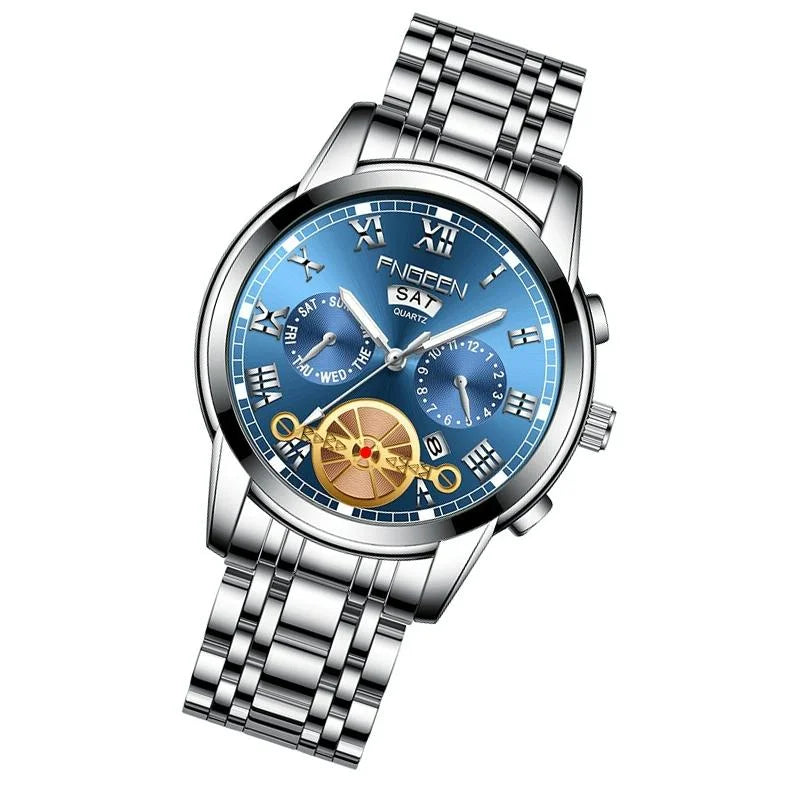 Men Multi-function Quartz Watch with Blue Dial and White