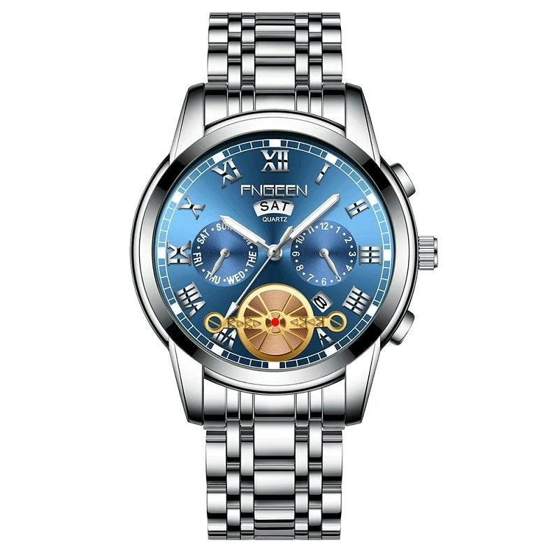 Men Multi-function Quartz Watch with Blue Dial and White