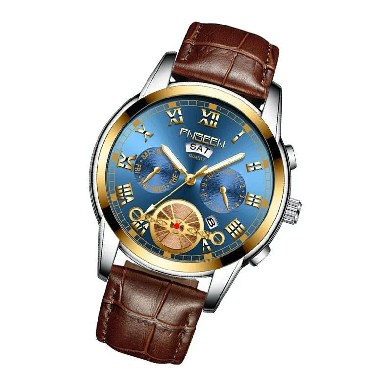 Men Multi-function Quartz Watch with Brown Leather Strap