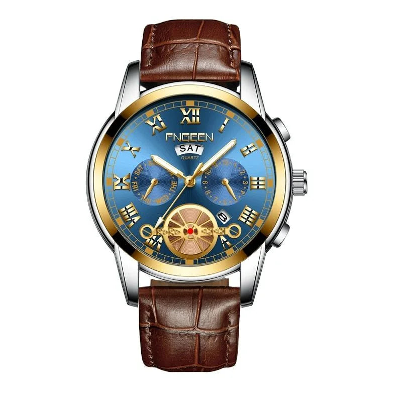 Men Multi-function Quartz Watch with Brown Leather Strap