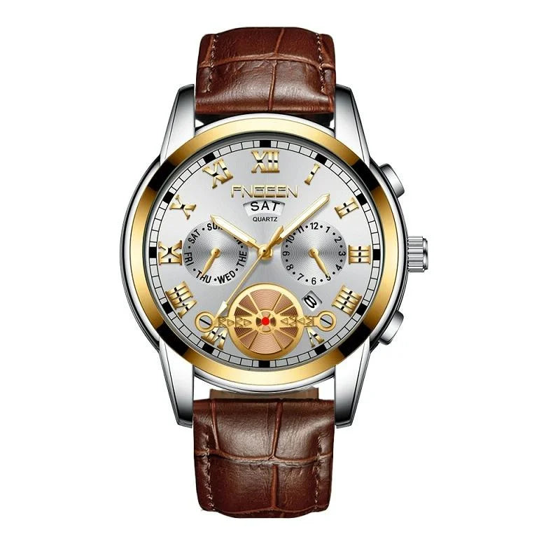 Men Multi-function Quartz Watch with Brown Leather Strap