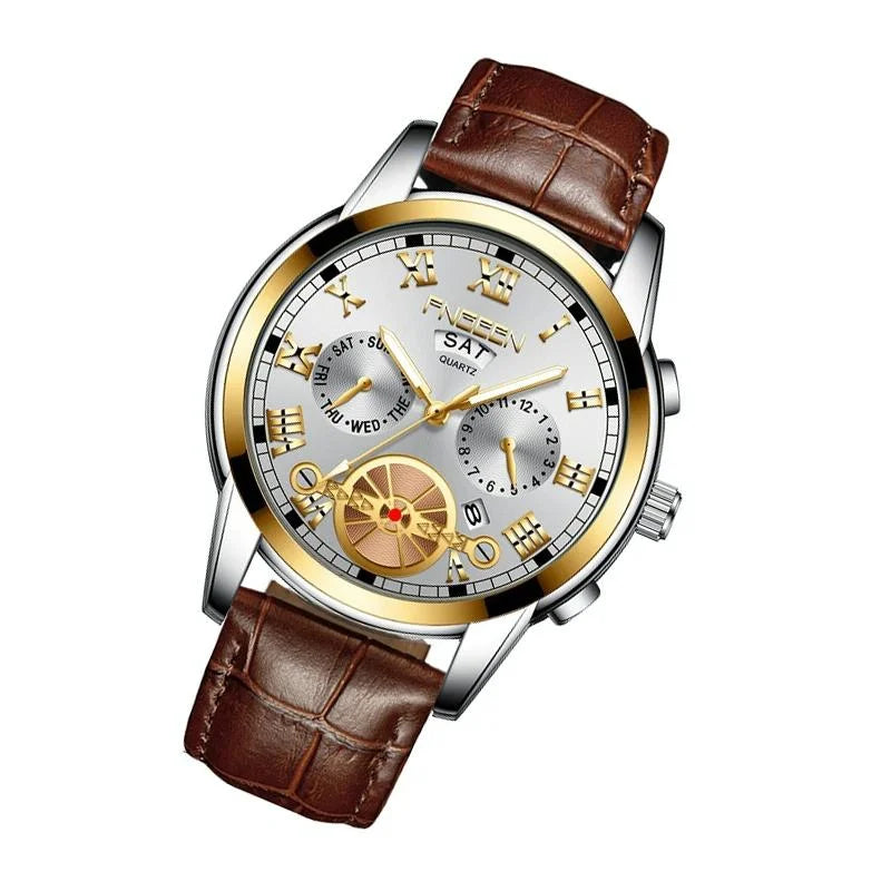 Men Multi-function Quartz Watch with Brown Leather Strap