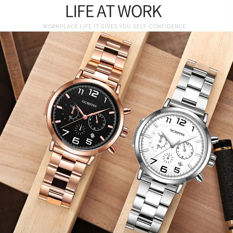 Men Multifunction Steel Quartz Watch with Steel Strap