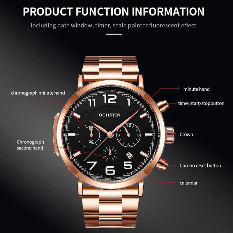 Men Multifunction Steel Quartz Watch with Steel Strap