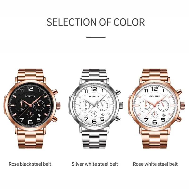 Men Multifunction Steel Quartz Watch with Steel Strap
