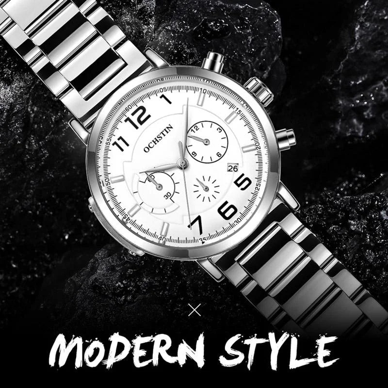 Men Multifunction Steel Quartz Watch with Steel Strap