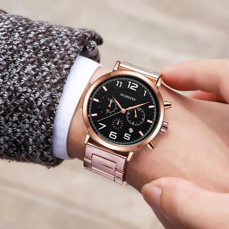 Men Multifunction Steel Quartz Watch with Steel Strap