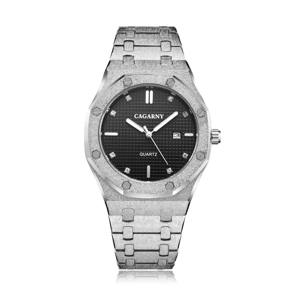 Men Quartz Steel Watch with Simple Stone Surface - Silver