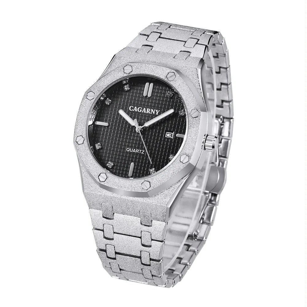 Men Quartz Steel Watch with Simple Stone Surface - Silver