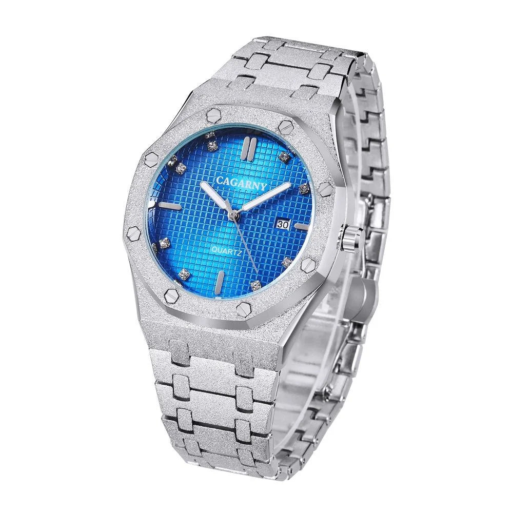 Men Quartz Steel Watch with Simple Stone Surface - Silver