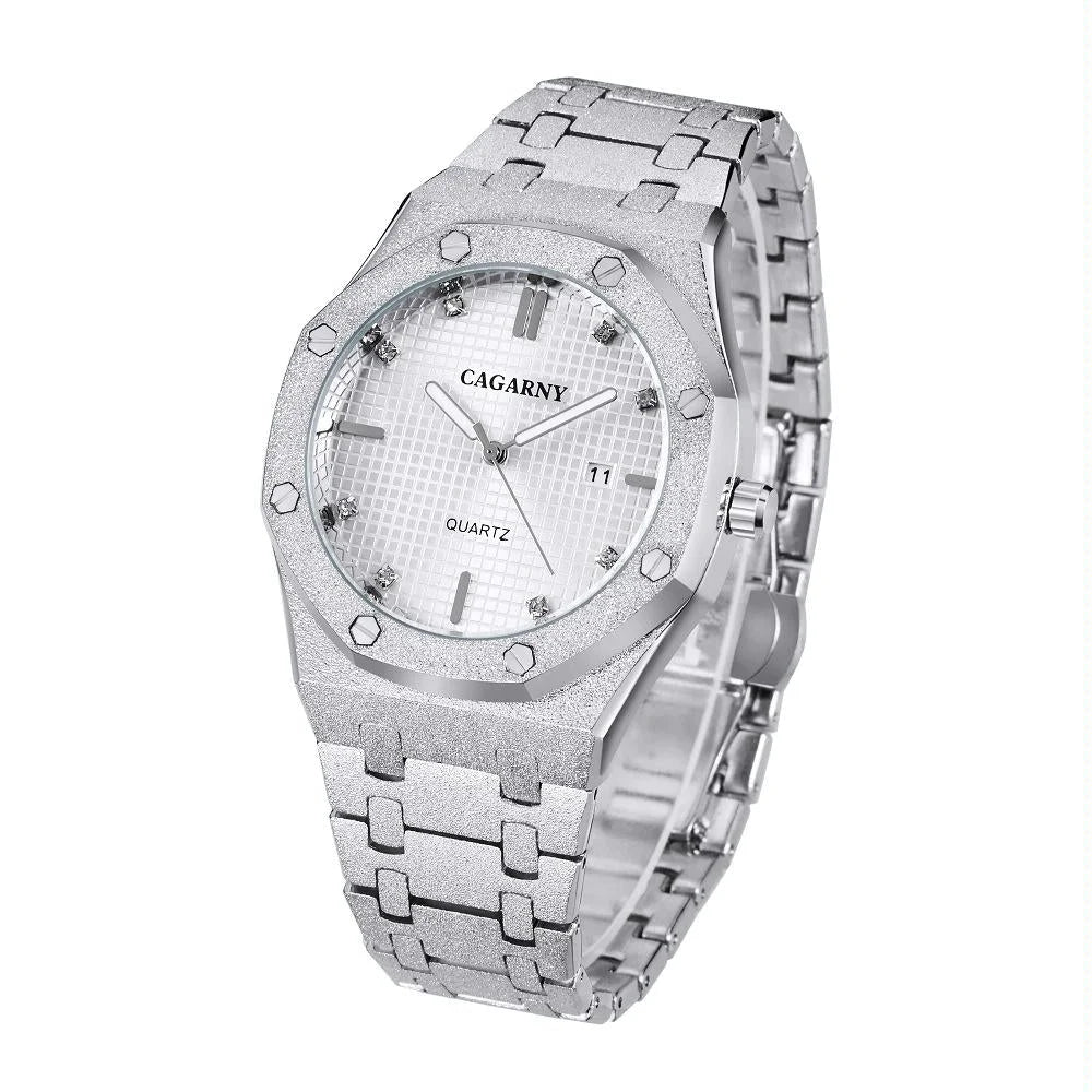 Men Quartz Steel Watch with Simple Stone Surface - Silver