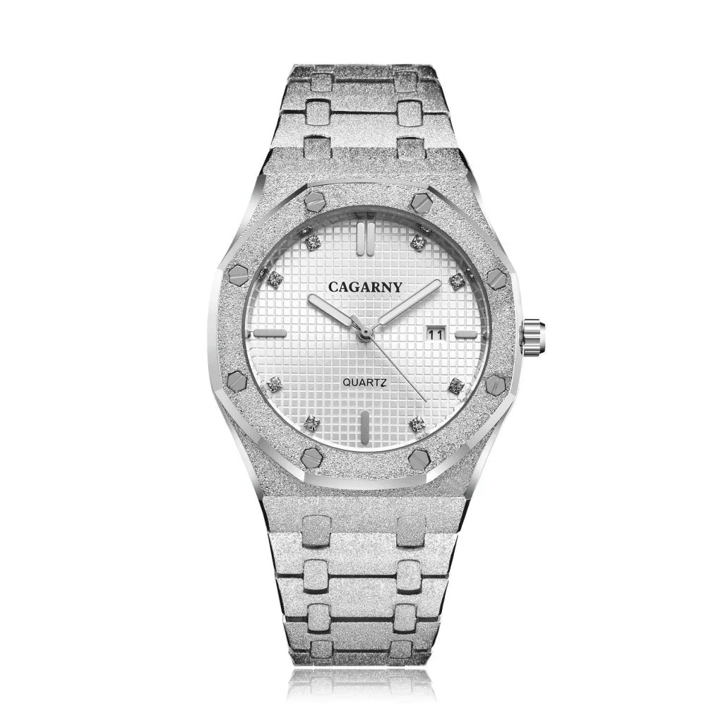 Men Quartz Steel Watch with Simple Stone Surface - Silver
