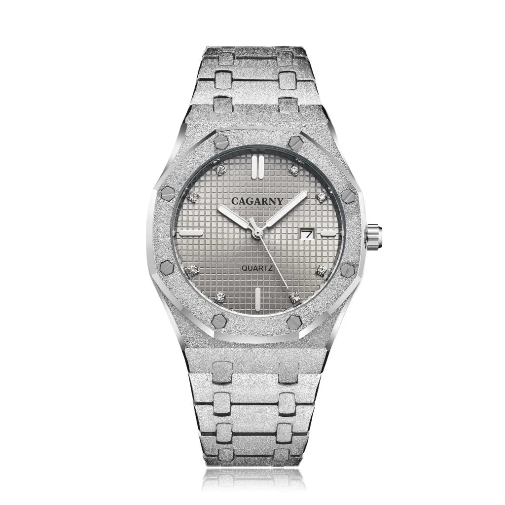 Men Quartz Steel Watch with Simple Stone Surface - Silver
