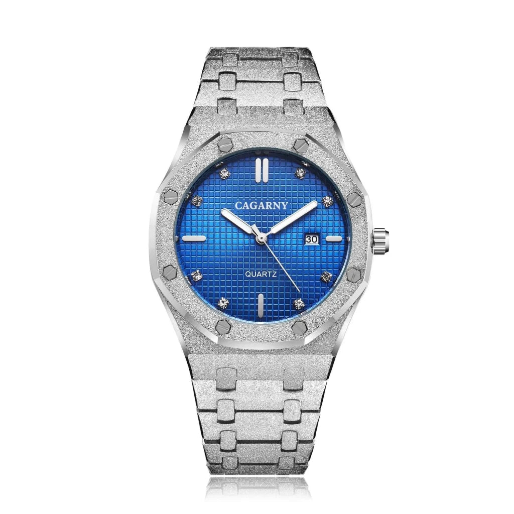 Men Quartz Steel Watch with Simple Stone Surface - Silver