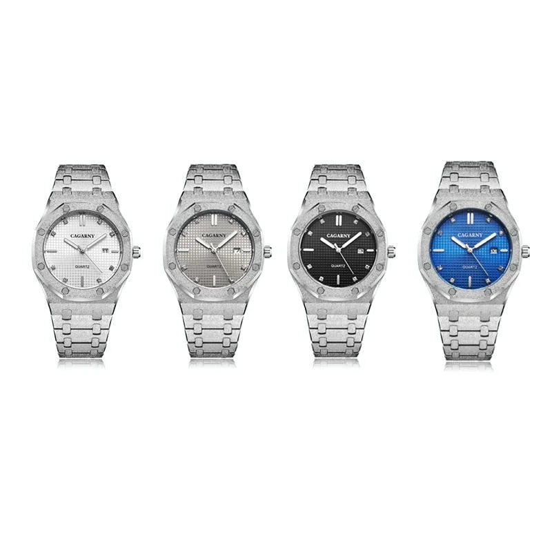 Men Quartz Steel Watch with Simple Stone Surface - Silver