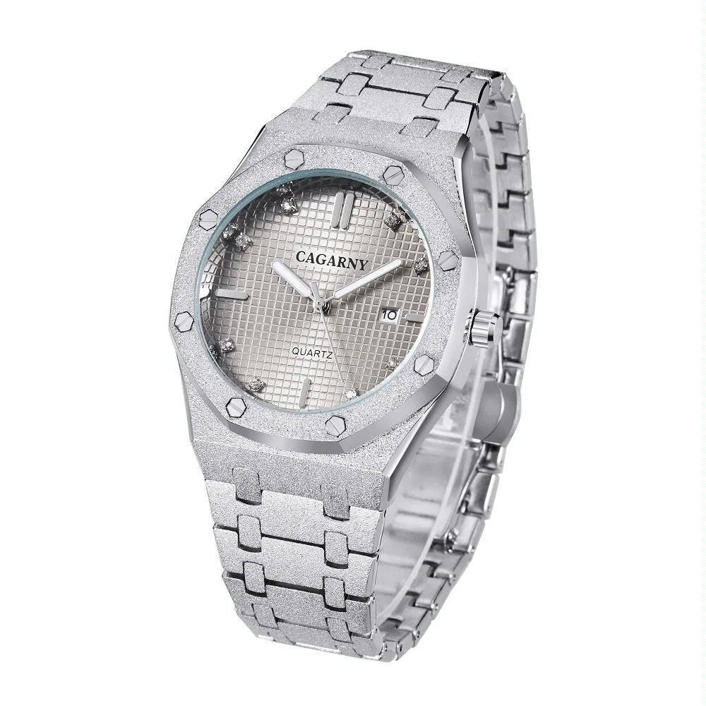 Men Quartz Steel Watch with Simple Stone Surface - Silver