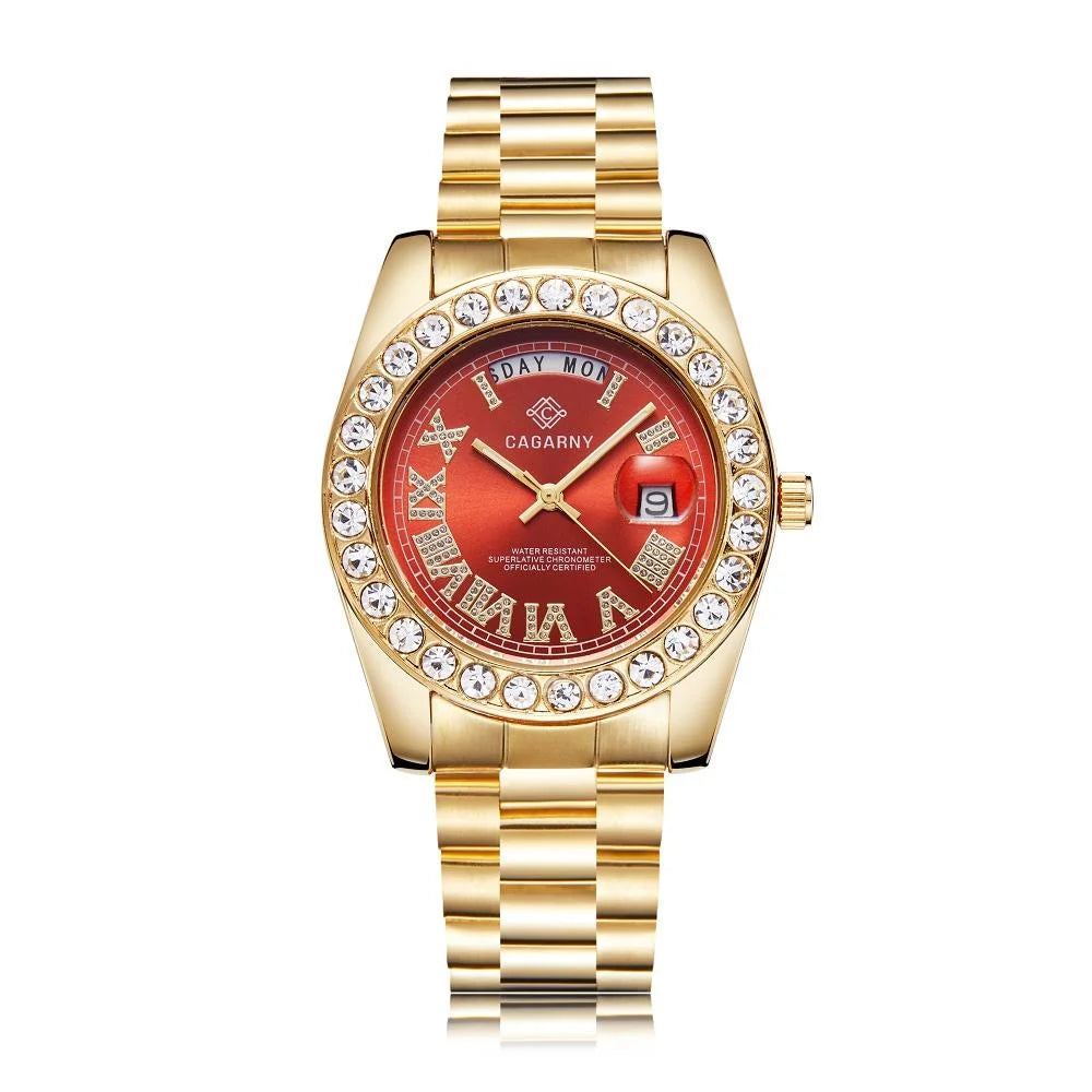 Men Quartz Watch with Diamond-encrusted Roman Numeral Dial