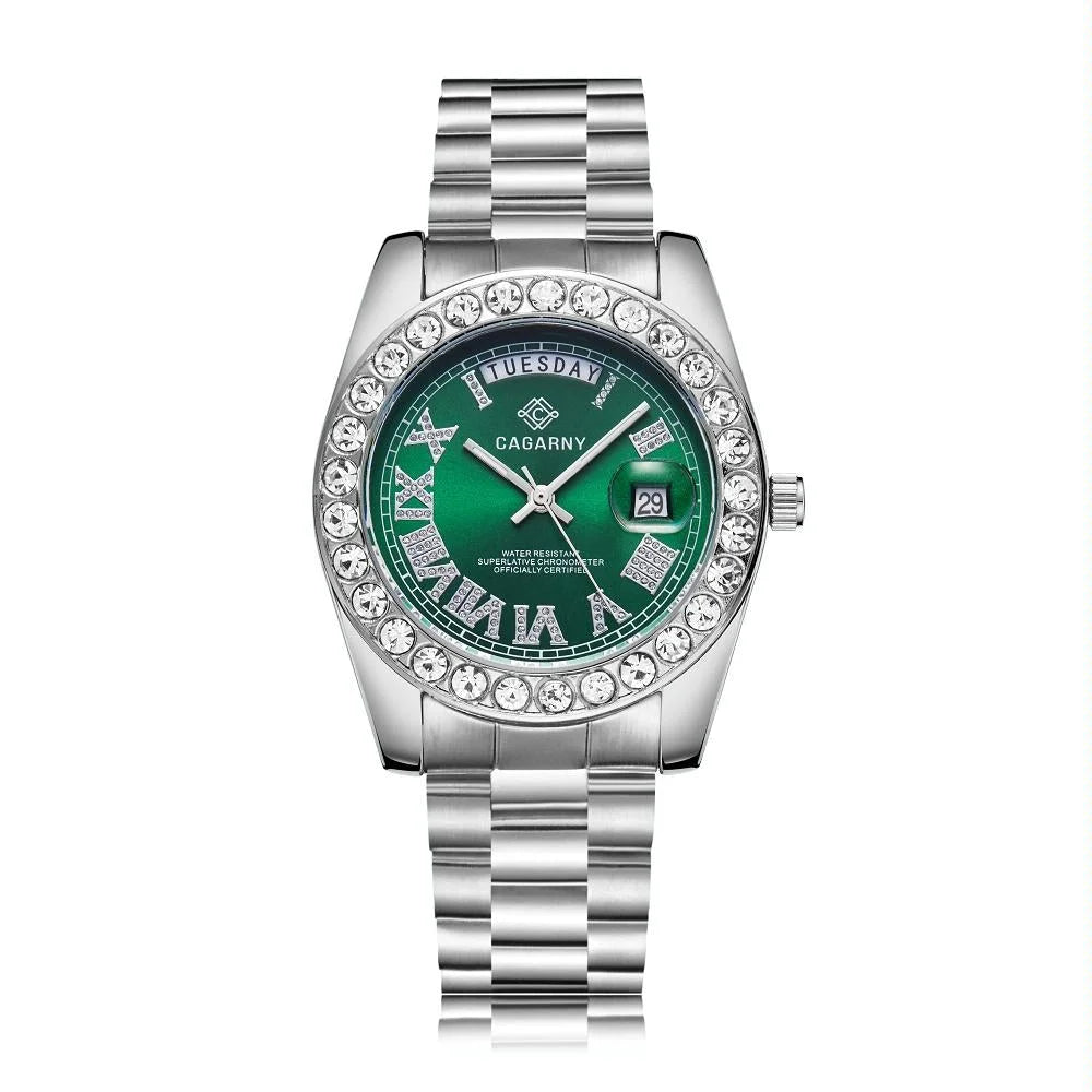 Men Quartz Watch with Diamond-encrusted Roman Numeral Dial