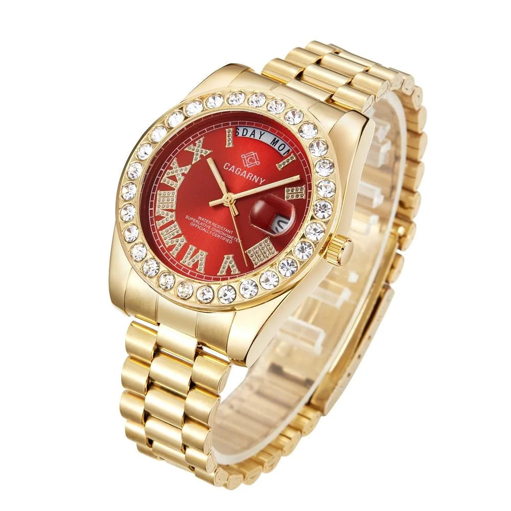 Men Quartz Watch with Diamond-encrusted Roman Numeral Dial