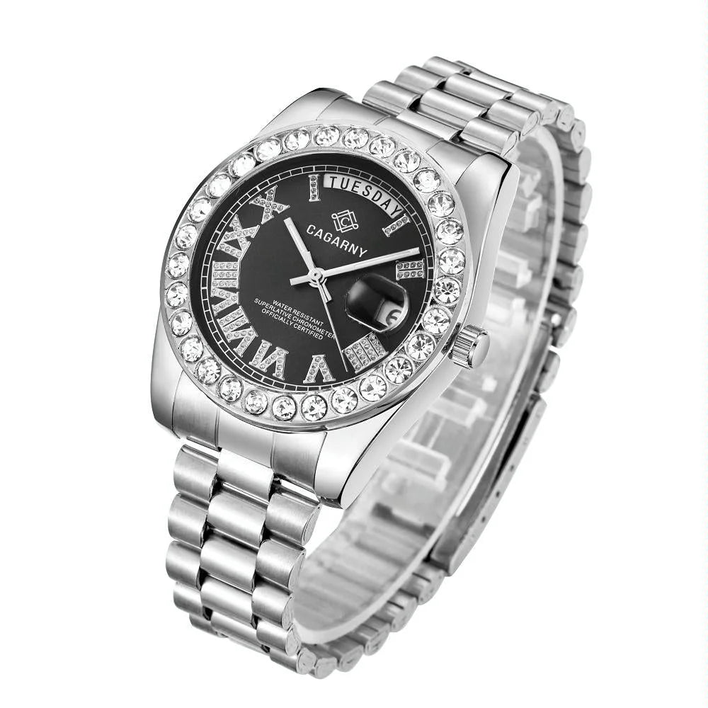 Men Quartz Watch with Diamond-encrusted Roman Numeral Dial