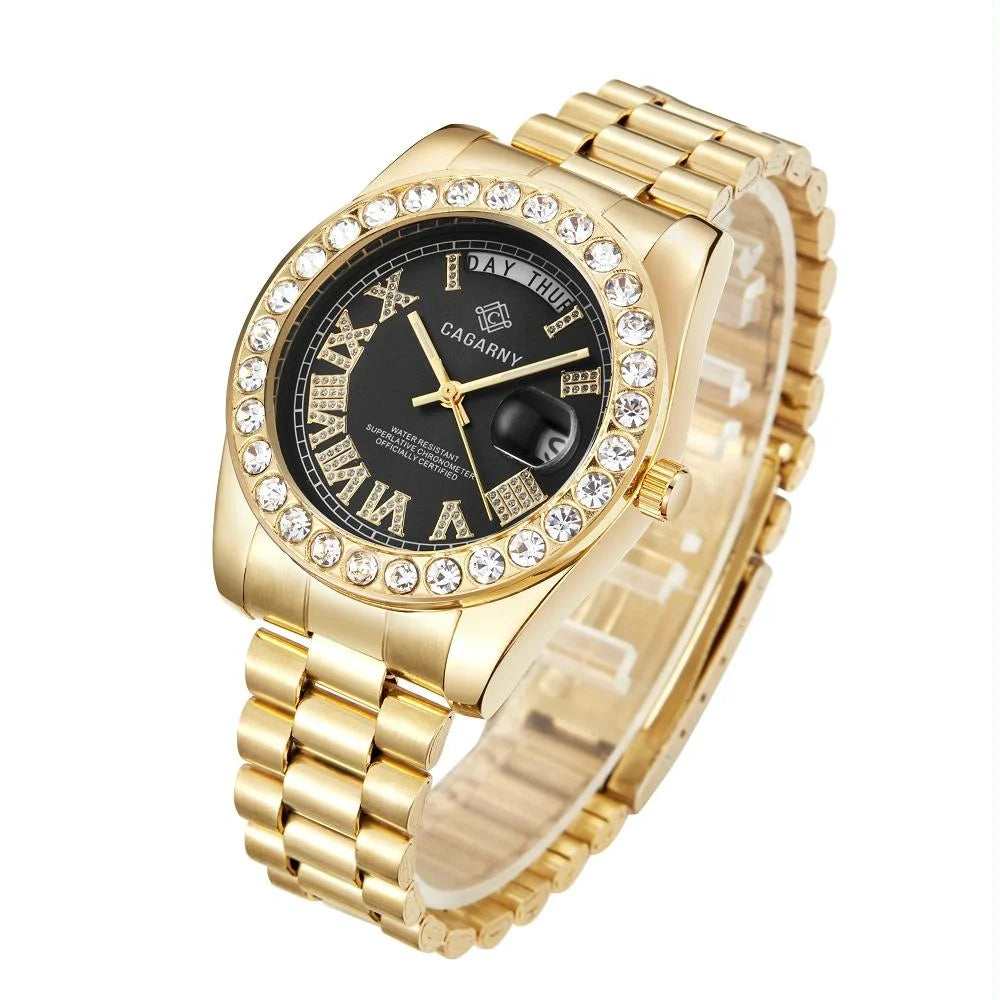 Men Quartz Watch with Diamond-encrusted Roman Numeral Dial