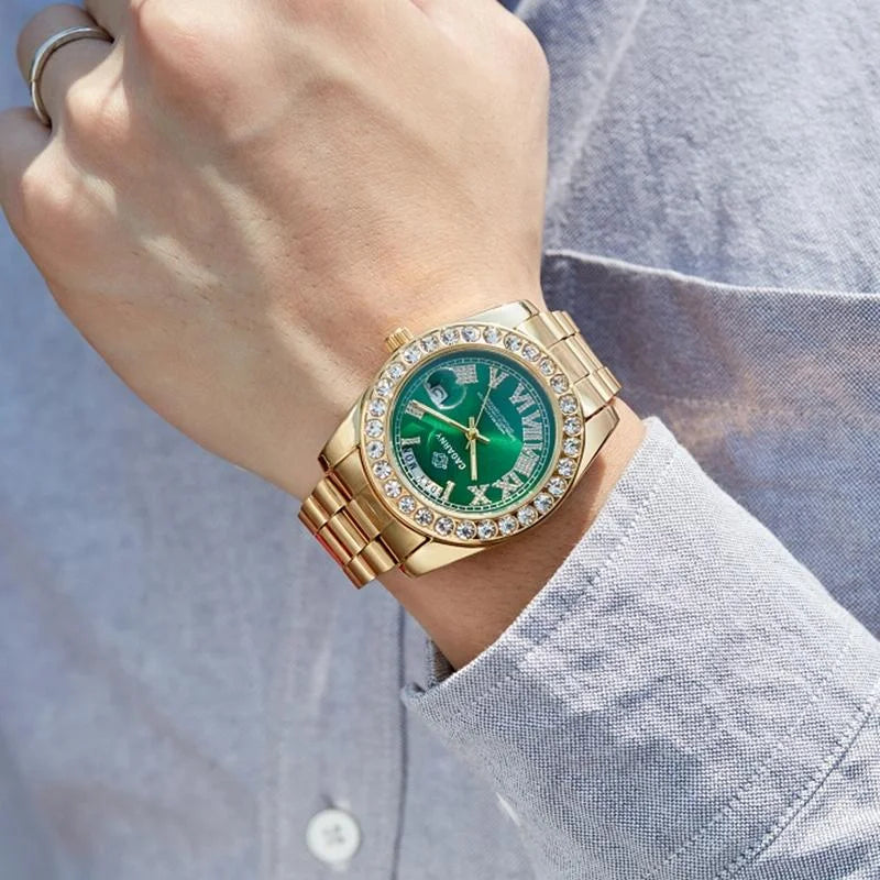 Men Quartz Watch with Diamond-encrusted Roman Numeral Dial