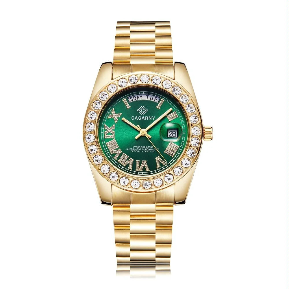Men Quartz Watch with Diamond-encrusted Roman Numeral Dial