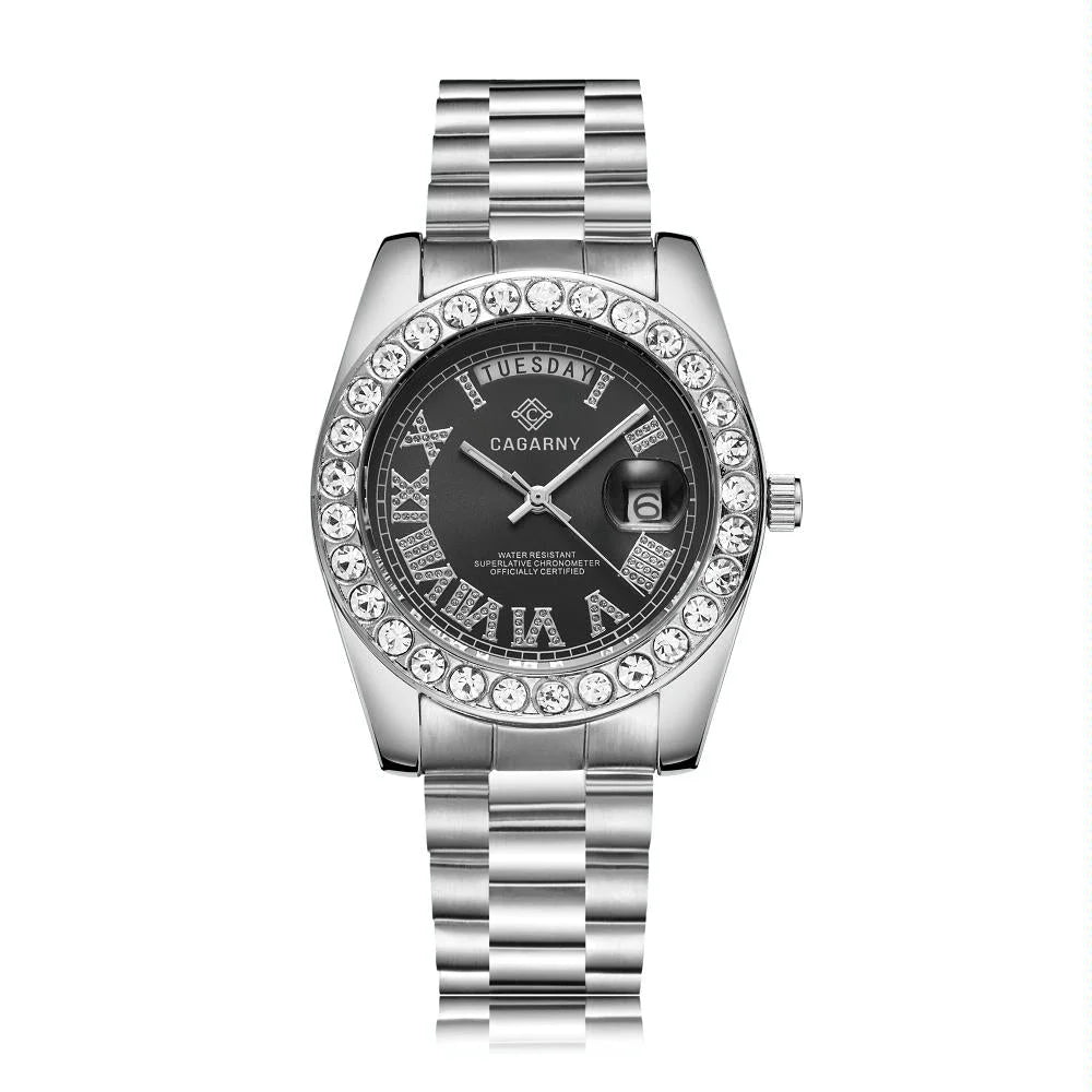 Men Quartz Watch with Diamond-encrusted Roman Numeral Dial