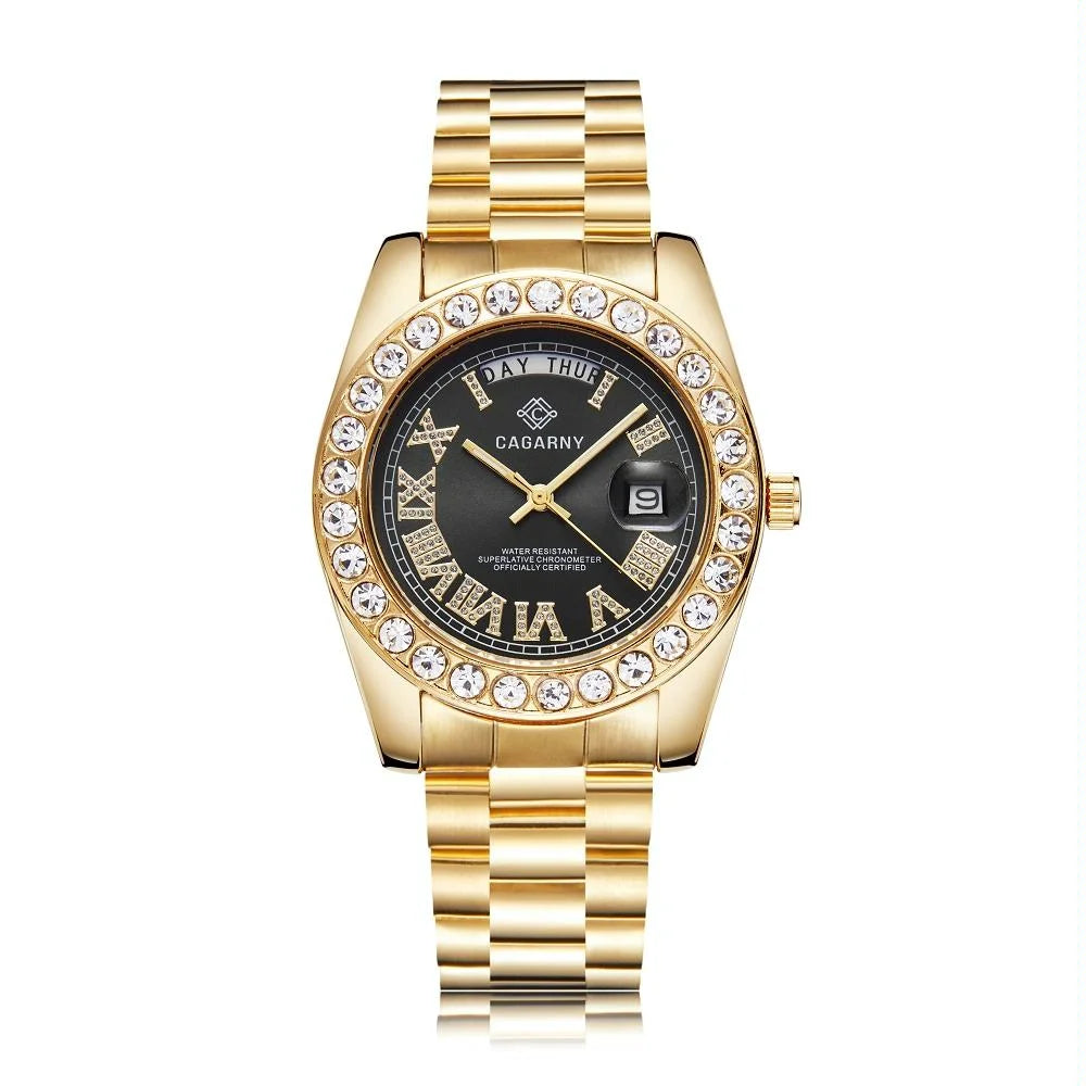 Men Quartz Watch with Diamond-encrusted Roman Numeral Dial