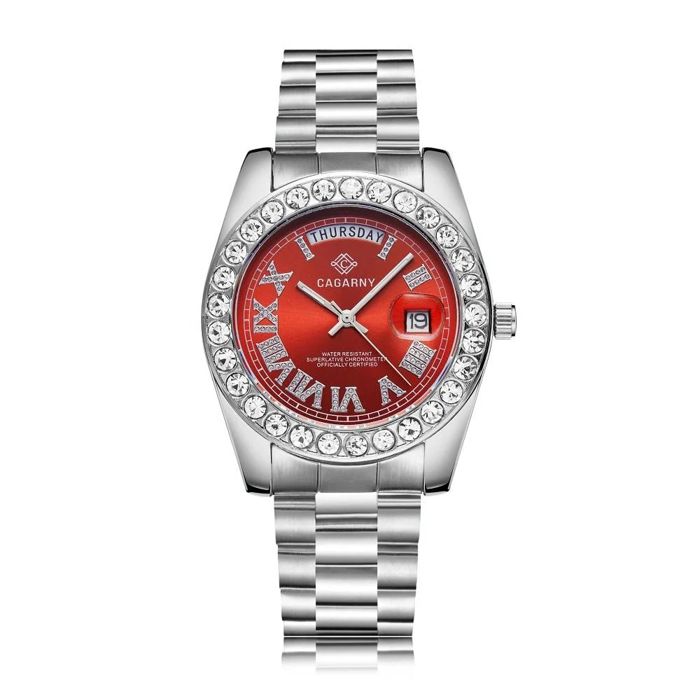 Men Quartz Watch with Diamond-encrusted Roman Numeral Dial