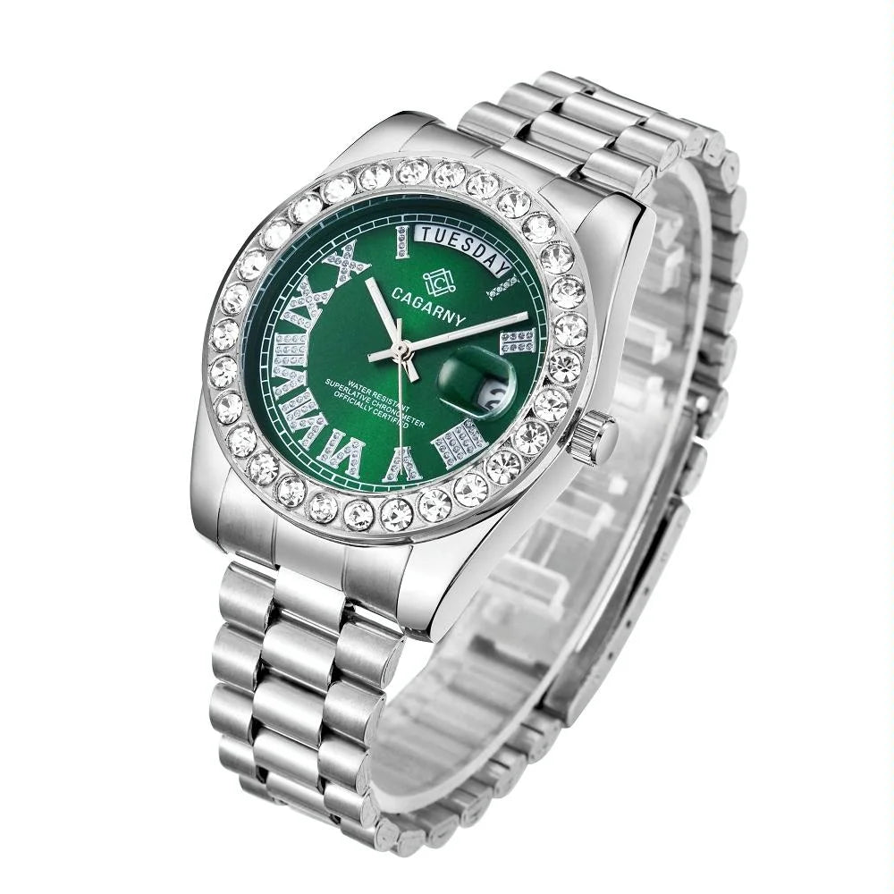 Men Quartz Watch with Diamond-encrusted Roman Numeral Dial