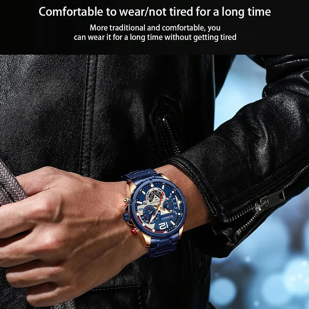 Men Quartz Watch with Six-hand Steel Strap and Calendar