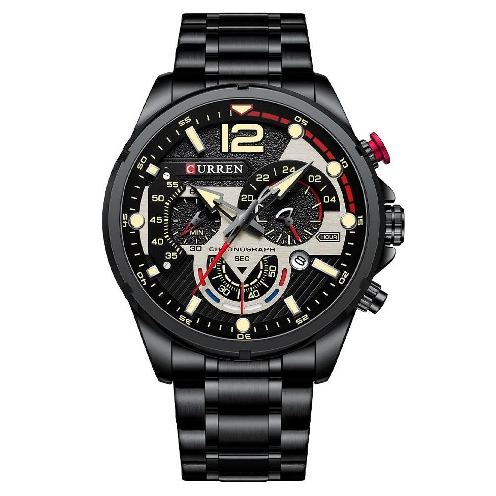 Men Quartz Watch with Six-hand Steel Strap and Calendar