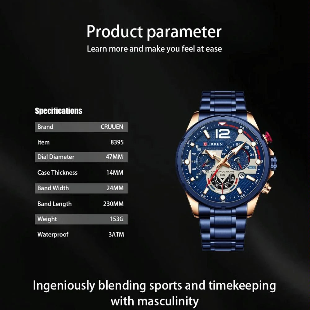Men Quartz Watch with Six-hand Steel Strap and Calendar