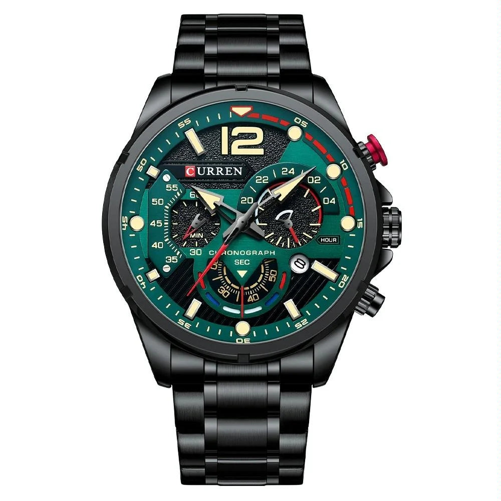 Men Quartz Watch with Six-hand Steel Strap and Calendar