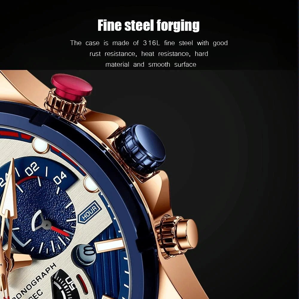 Men Quartz Watch with Six-hand Steel Strap and Calendar