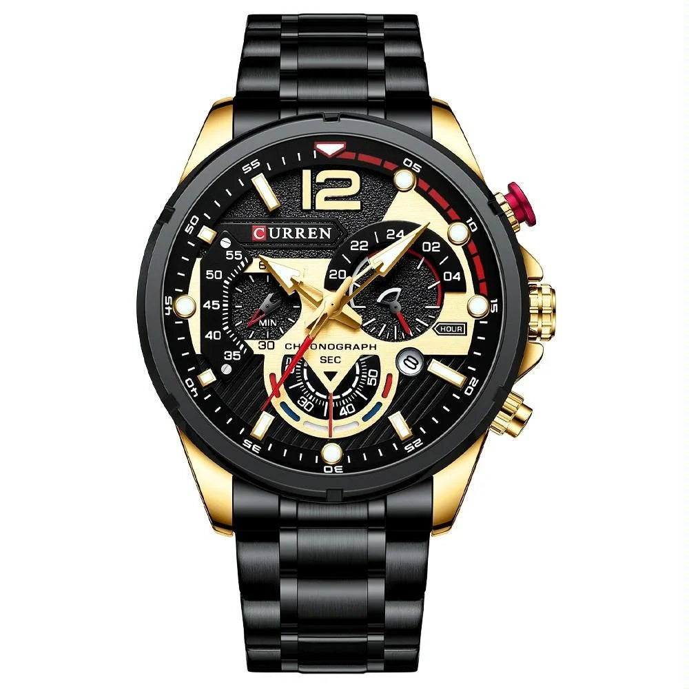 Men Quartz Watch with Six-hand Steel Strap and Calendar