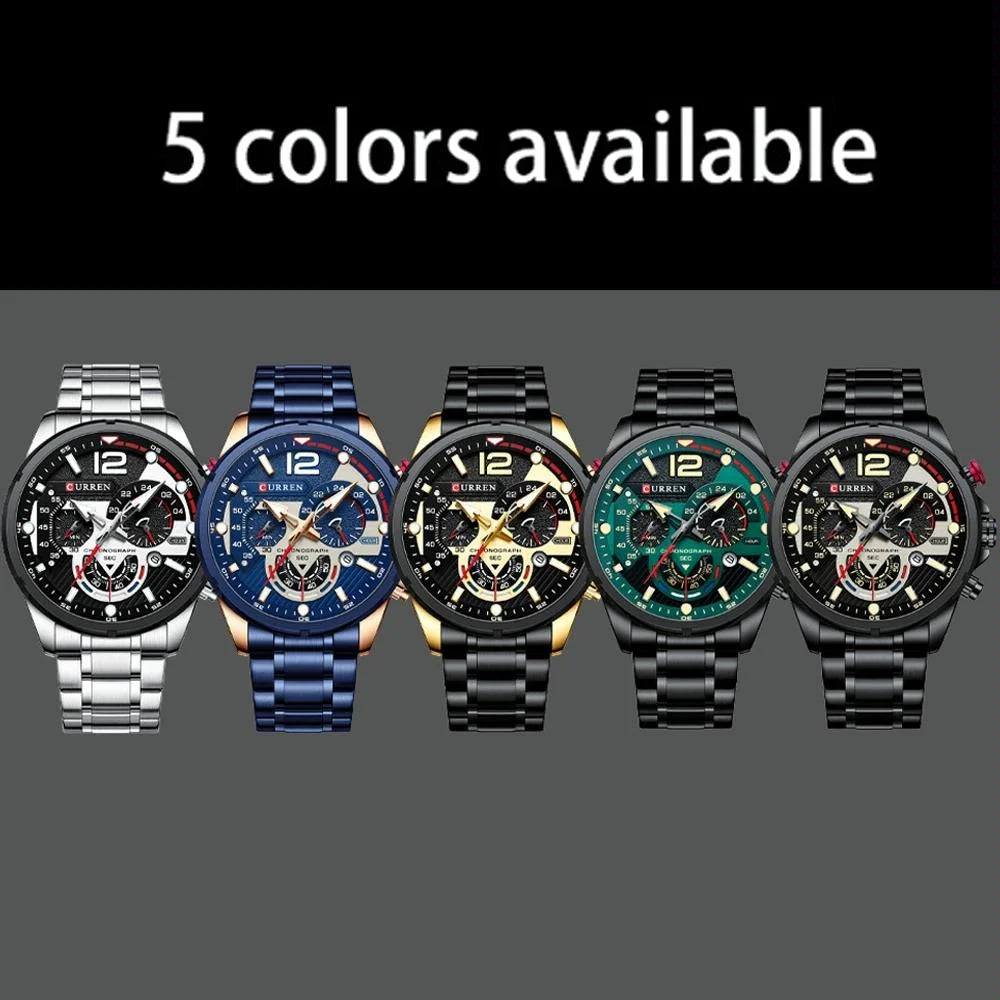 Men Quartz Watch with Six-hand Steel Strap and Calendar