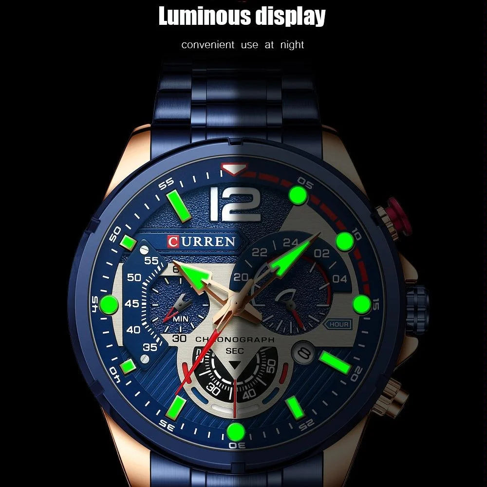 Men Quartz Watch with Six-hand Steel Strap and Calendar